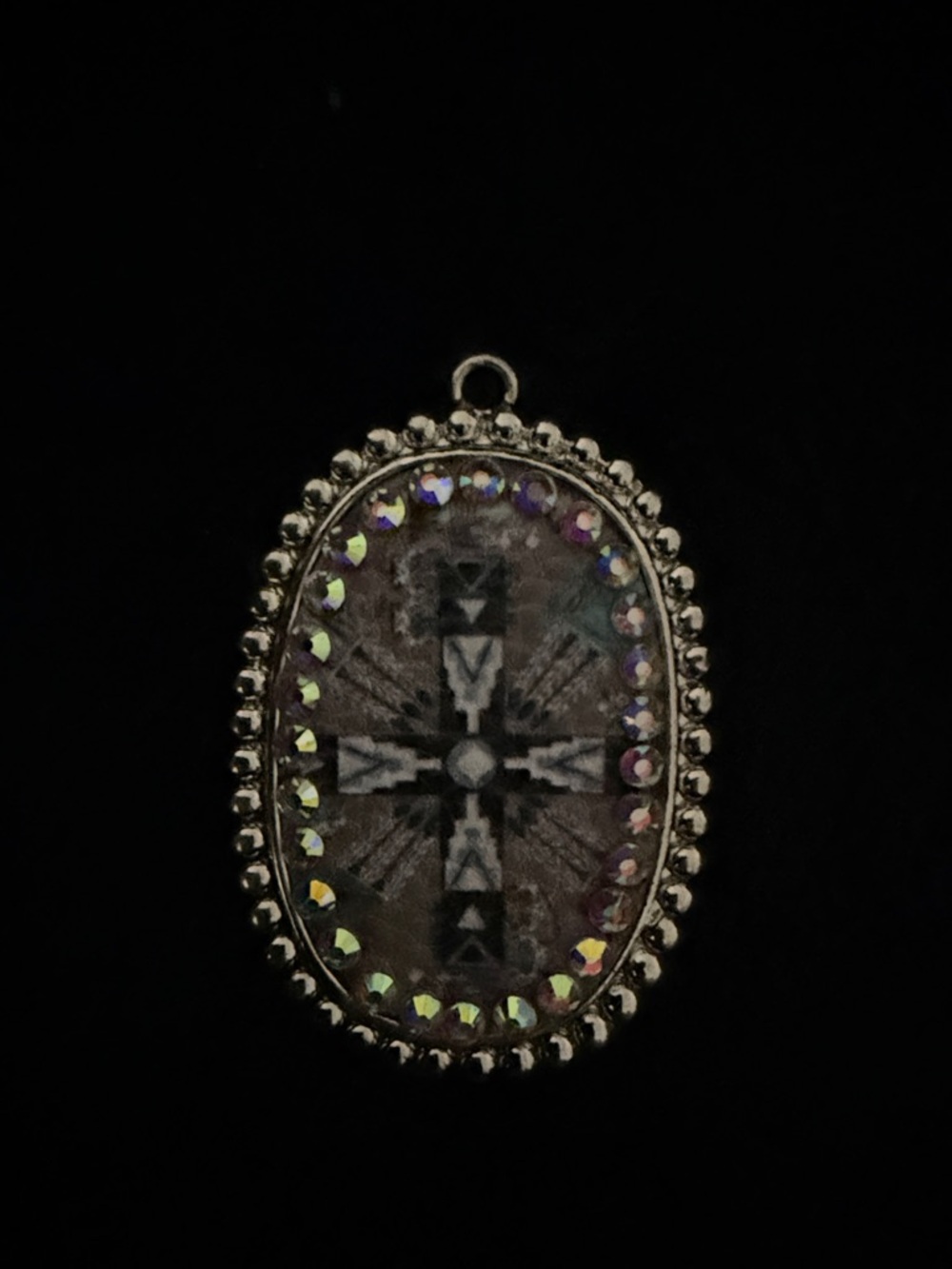 Silver-Tone Oval Cross Pendant with Iridescent Crystal Accents